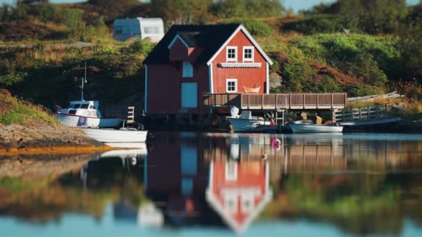 Small Boathouse Dock Coast Fjord Several Boats Moored Pier Slow — 비디오