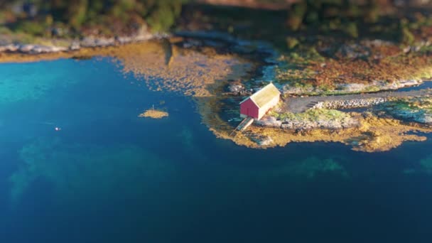Small Red Boat House Rocky Fjord Shore Aerial View High — Stockvideo