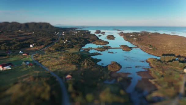 Aerial View Fjord Coast Northern Norway Houses Cabins Scappered Shore — Stockvideo