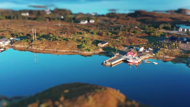 Aerial View Small Coastal Village Fjord Shores Northern Norway Tilt — Stock video