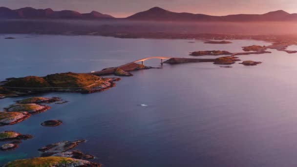 Beautiful Sunset Archipelago Connected Atlantic Ocean Road Norway Aerial View — Stock video