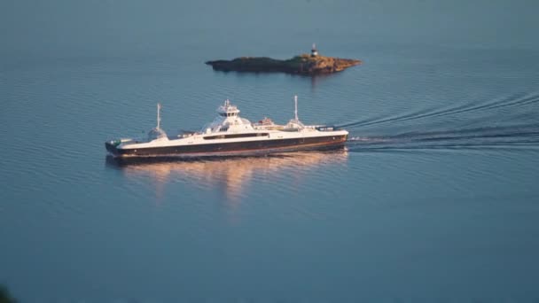 Ferry Passes Small Islets Molde Port Town Foreground Tilt Shift — стокове відео