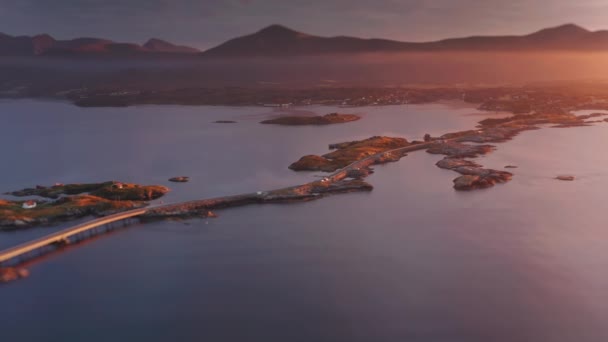 Aerial View Beautiful Sunset Archipelago Connected Atlantic Road Slow Motion — Stockvideo