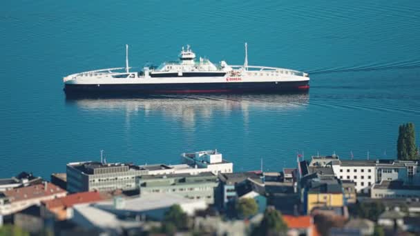 Ferry Passes Coast Molde Port Town Foreground Tilt Shift Video — Vídeo de stock