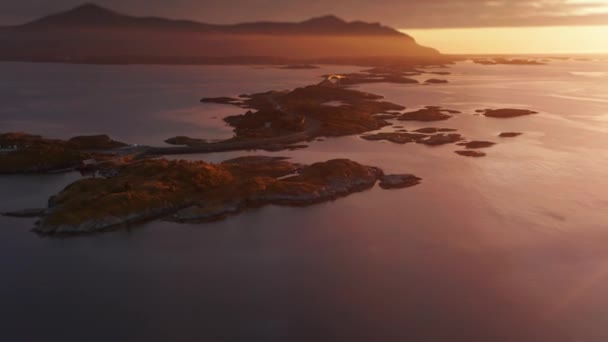 Beautiful Warm Sunset Archipelago Atlantic Road Aerial View Slow Motion — Stock video