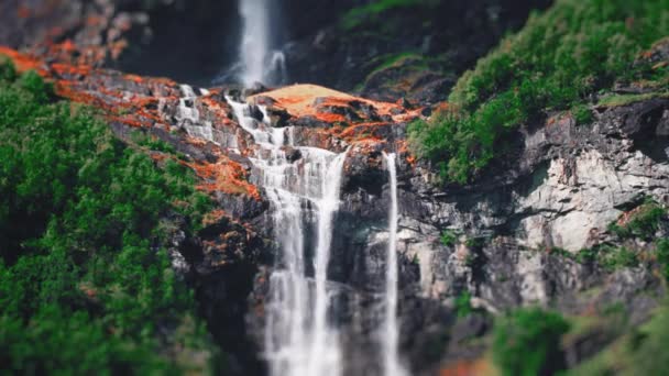 Miniaturized Two Tier Waterfall Forest Covered Cliffs Loenvatnet Lake Hyperlapse — Vídeos de Stock