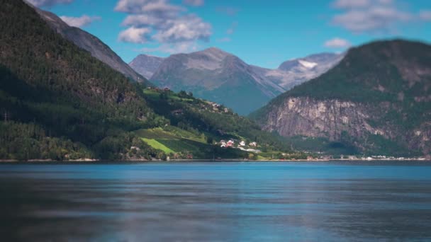 Forest Covered Shores Geiranger Fjord View Ferry Small Village Shore — Stock video