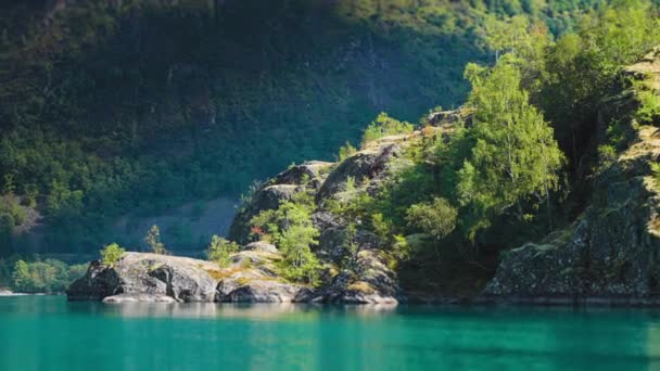 Falaises Rocheuses Couvertes Forêts Dessus Lac Loenvatnet Ralenti Vue Eau — Video