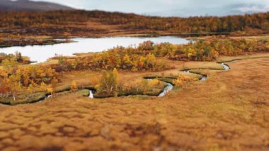 Norveç tundrasındaki bataklık arazisindeki göl ve nehirlerin havadan görünüşü. Arka planda dağlar. Yavaş çekim. Eğik vites. Yüksek kalite 4K görüntü