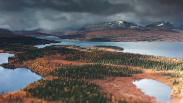 Mørke Skyer Innsjøene Høstskogen Flybilde Opptak Høy Kvalitet – stockvideo