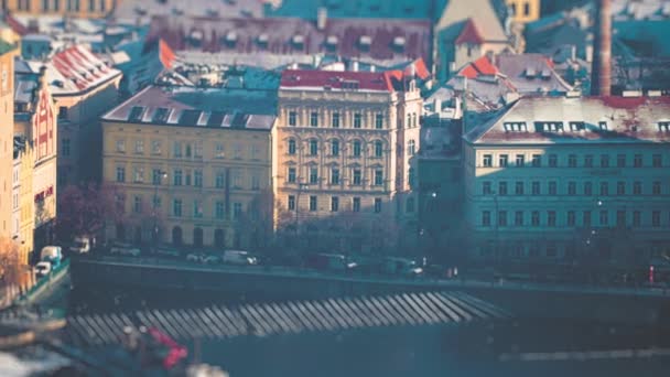 Vista Miniaturizada Cidade Velha Praga Tráfego Cais Ruas Pontes Neve — Vídeo de Stock