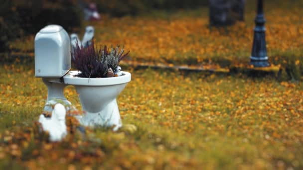 Stará Toaletní Mísa Kreativně Používaná Jako Květináč Stojí Podzimní Zahradě — Stock video