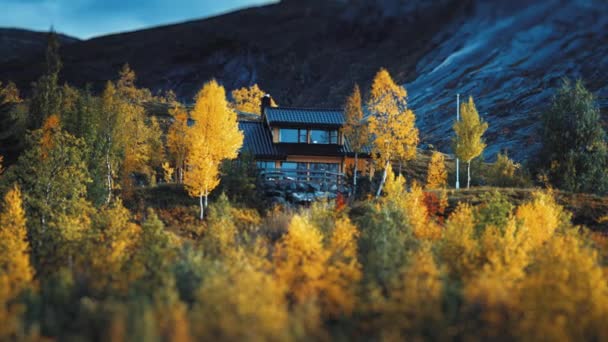 Mezi Pestrobarevnými Podzimními Stromy Norské Divočině Skrývá Malá Dřevěná Chata — Stock video