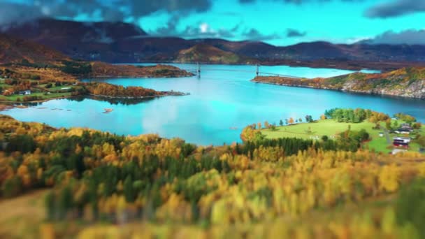 Forest Covered Valley Shores Fjord Heavy Clouds Landscape Bridge Spans — Stock Video