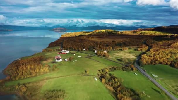 Small Villages Forest Covered Shores Fjord Farm Fields Surrounded Autumn — Stock Video