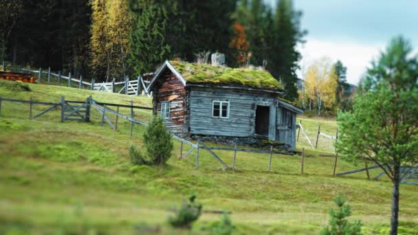 北欧风景中一个传统的古老的草皮屋顶小屋 慢动作 向右转 高质量的4K镜头 免版税图库视频