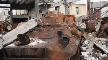 Balakliya, Harkiv Oblastı, Ukrayna. 4 Şubat 2023. Rus ordusunun tahrip edilmiş araçları.