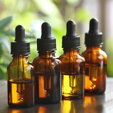 Cbd petrol kenevir özü, kenevir yağı şişeleri ve ahşap bir masa üzerinde kenevir çiçekleri, Tıbbi esrar kavramı