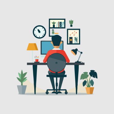 Ofisteki işyerinde. Düz bir şekilde vektör illüstrasyonu. İşyeri.