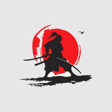 Samuray savaşçı silueti. Beyaz arkaplanda vektör çizimi izole edildi. Tek renkli biçim.