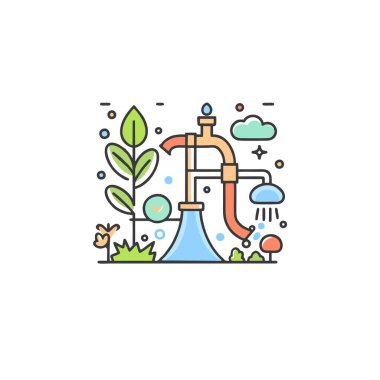 Bitki sulama sistemi çizgisi simgesi. Vektör illüstrasyonu, düz tasarım.