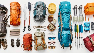 Beyaz arka planda düz seyahat ekipmanı ve aksesuarları, üst görünüm