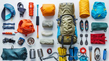 Beyaz arka planda düz seyahat ekipmanı ve aksesuarları, üst görünüm