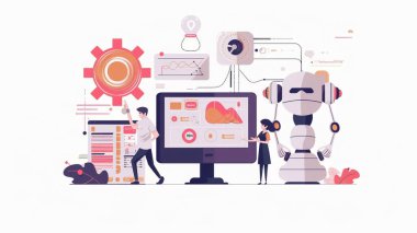 Ofisteki bilgisayarda çalışan bir adamın vektör çizimi.