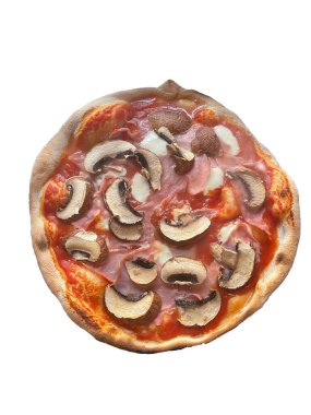 İzole edilmiş ev yapımı jambonlu ve şampiyonlu pizza.