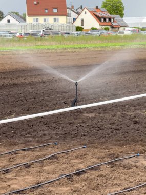 Almanya 'daki tarlalarda yapay sulama. Bir sulama sistemi gösteriyor. Nuremberg, Almanya.