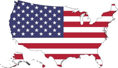 Amerika Birleşik Devletleri ulusal bayrağını taşıyan ABD haritası beyaz arka planda izole edilmiştir. Vektör illüstrasyonu.