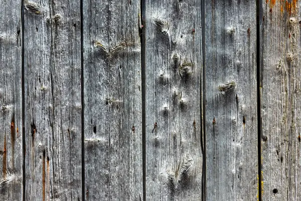 Yıpranmış, dikey tahtalardan yapılmış, paslı çivilerle tutturulmuş gri ahşap bir duvara yakın plan. Tahtada tahıl ve düğüm ayrıntıları var..