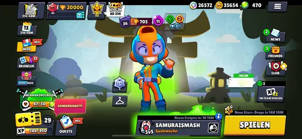 Mobil oyun menüsünün ekran görüntüsü, çizgi film tarzı bir karakter ve çeşitli oyun simgeleri, metin ve para birimlerinin yer aldığı.