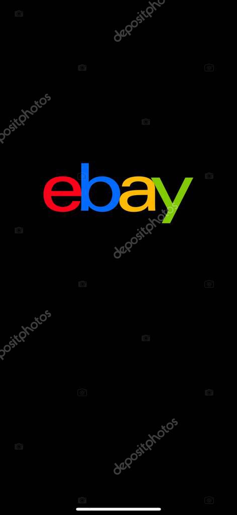 EBay logo centered on a black background.  The letters are red, blue, yellow and green.  A small white bar is at the bottom.