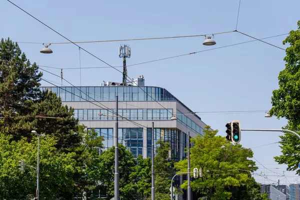 Temiz bir gökyüzünün altındaki ağaçların arkasında modern bir bina manzarası. Trafik ışıkları ve kablolar görünür..