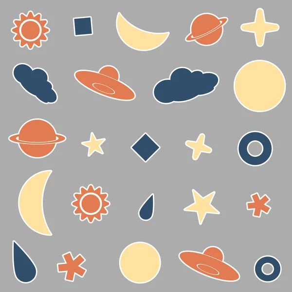 A Sticker of a sky at night with ufo, star, cloud, sun, moon, Saturn, raindrop, half moon, and ice in white, orange, and yellow with white edges isolated on gray background, illustration