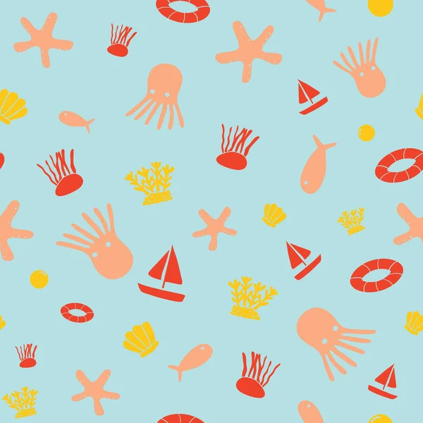 Seamless pattern in Summer time at the sea theme with squid,fish,sailboat,starfish,bubble,coral,shell,calm,swim tube and seaweed in red,orange,yellow and light blue background element