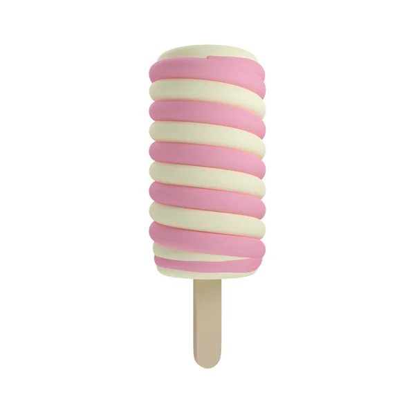 Strawberry Vanilla Swirl Ice Cream Dessert Popsicle Stick Isolated White — Stock Photo, Image