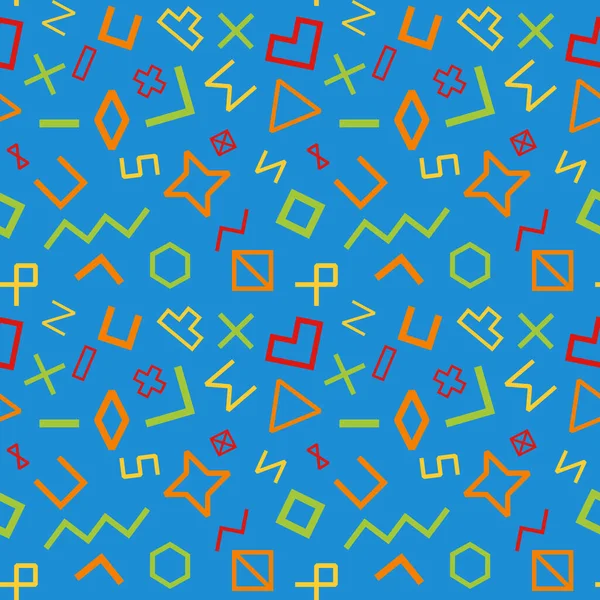 The seamless pattern in geometry art theme with geometry shape, corner, triangle, square, hexagon, cross, rectangle, heart, diamond in blue, yellow, red, green and orange color, Illustration