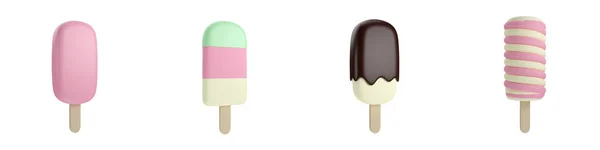 Set Strawberry Vanilla Chocolate Ice Cream Dessert Popsicle Stick Isolated — Stock Photo, Image