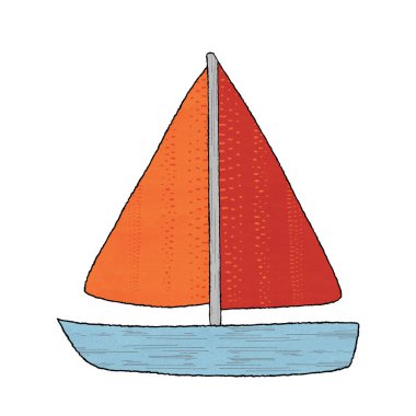 Bir karikatür yelkenlisi beyaz zemin üzerinde izole edilmiş bir yaz mevsiminde deniz teması, element çizimi