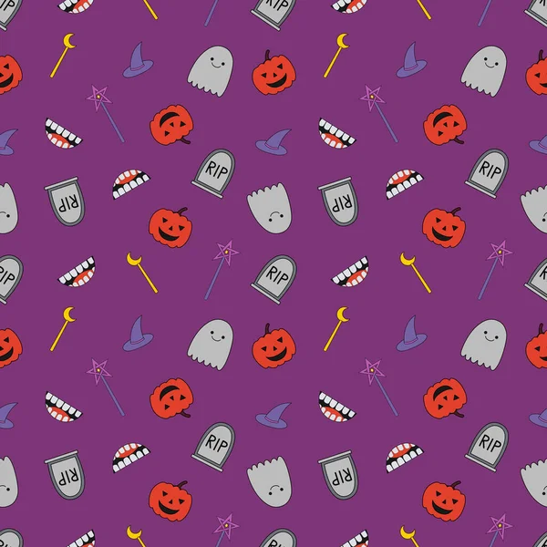 Modèle Sans Couture Thème Mignon Halloween Avec Citrouille Fantôme Baguette — Image vectorielle