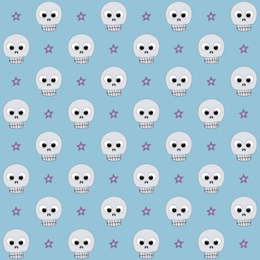 Bir kafatasının kusursuz deseni, ve gri renkli yıldız, ve mavi arka planda mor, kumaş, ambalaj, duvar kağıdı, tekstil taşıyıcısı,