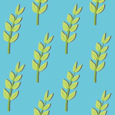 Dikensiz bir ağaç dalları ve yaprakları deseni mavi arka planda, bahar minimum çiçekli bir konseptte, Vektör.