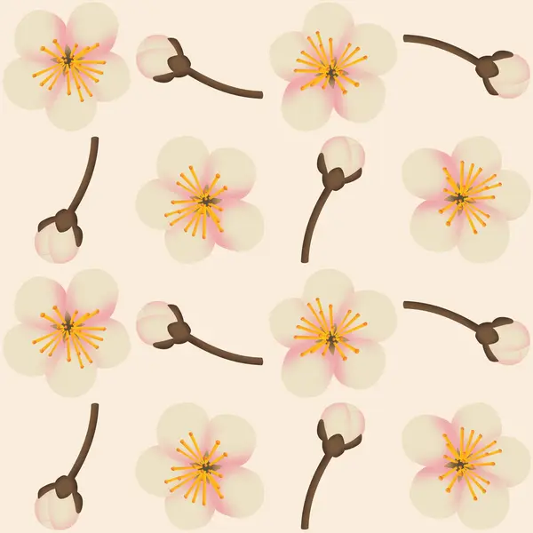 A seamless pattern of apple blossom and apple blossom budding on a cream background in a hand-drawn gradient color spring floral concept, illustration