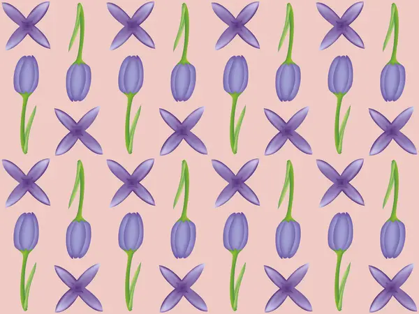 A seamless pattern of tulip and lilac on a pink background in a hand-drawn gradient color spring floral concept, illustration