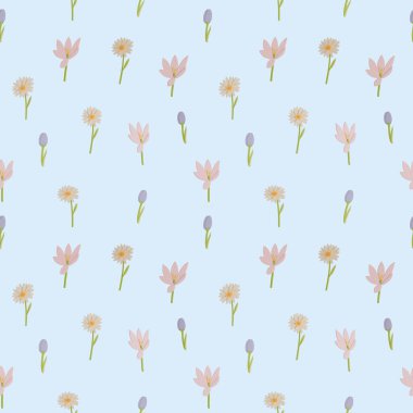 A seamless pattern of tulip, crocus, and daisy on a blue background in a Smooth shape floral concept,3D illustration