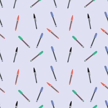 Mavi bir arka planda, okul objesi minimum konseptinde kusursuz rastgele bir top-kalem deseni, Vektör