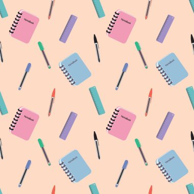 Okul objesi minimumda krem arkaplan üzerine kusursuz rastgele bir top kalem, cetvel ve defter deseni, Vektör