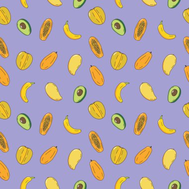 Sağlıklı meyve kavramı mor arka planda kusursuz desen, el çizimi karalama vektörü.